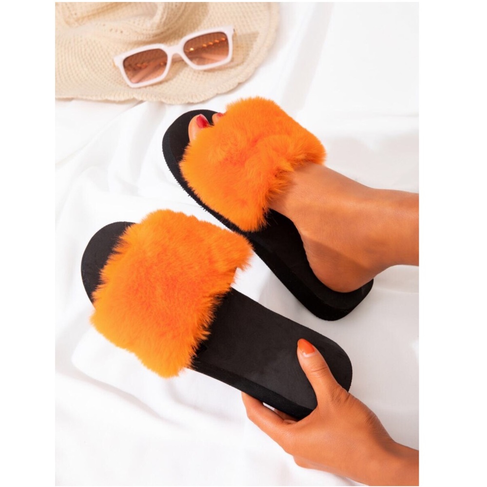 (3 Pack) Orange Fluffy Slide Sandals